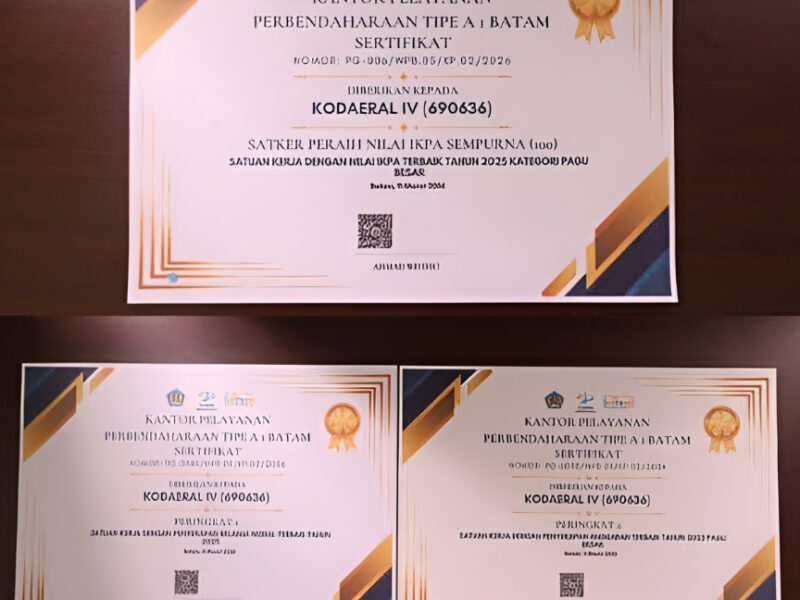 Kodaeral IV Raih Tiga Penghargaan Kinerja Anggaran dari KPPN Batam