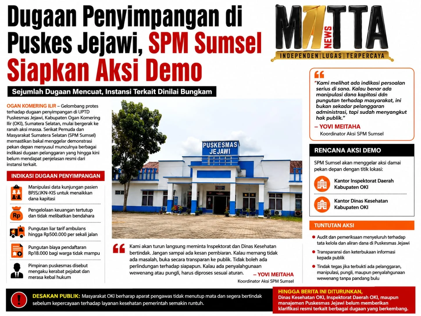 Dugaan Penyimpangan di Puskes Jejawi, SPM Sumsel Siapkan Aksi Demo – Detiktoday.com