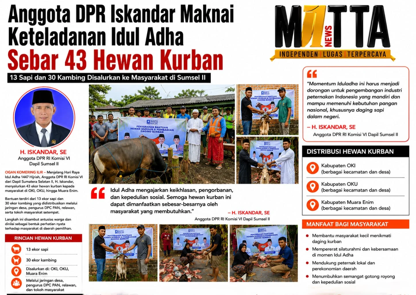 Anggota DPR Iskandar Maknai Keteladanan Idul Adha Sebar 43 Hewan Kurban – Detiktoday.com