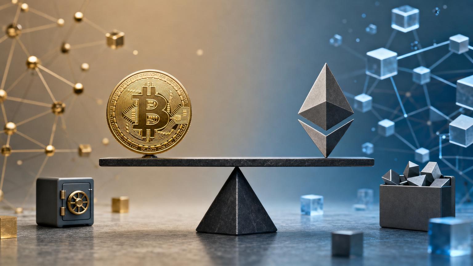 Bitcoin and Ethereum symbols connected to contrasting blockchain paths for digital value transfers and programmable applications