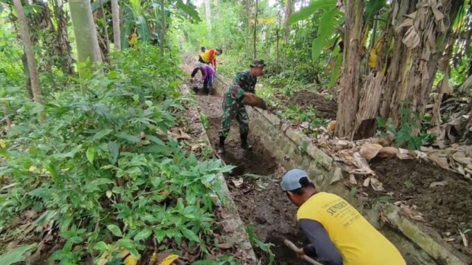 Perkuat Ketahanan Pangan, Babinsa dan Petani Desa Sukoharjo Gotong-Royong Bersihkan Irigasi
