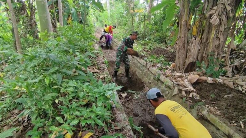Perkuat Ketahanan Pangan, Babinsa dan Petani Desa Sukoharjo Gotong-Royong Bersihkan Irigasi